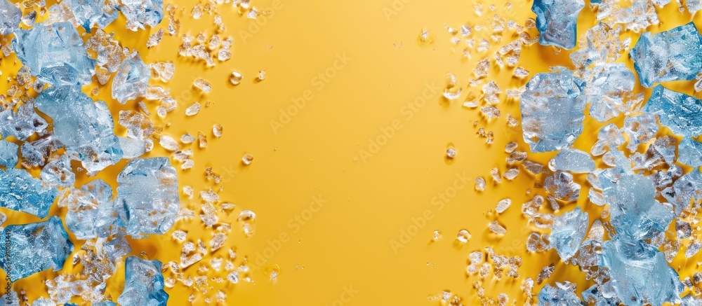 Poster flat lay composition with a frame of crushed ice on a yellow background providing copy space image