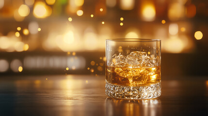 Polished glass of Japanese whisky dark wooden bar background blurred bottle display warm lighting wideangle refined ambiance