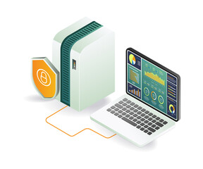 A laptop computer and server with a screen displaying data analytics for security purposes