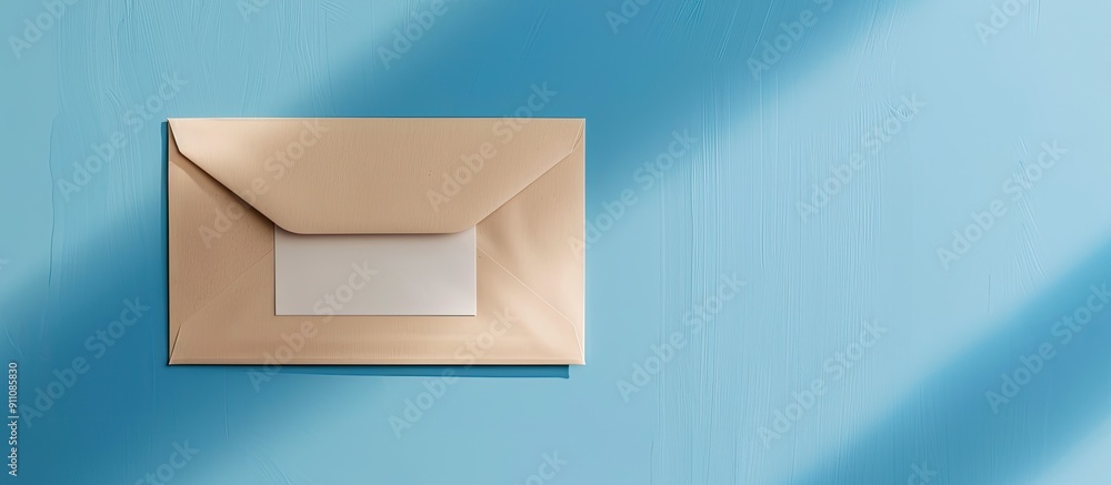 Poster top view of a beige envelope with a blank white sheet on a blue background the image is a mock up wi
