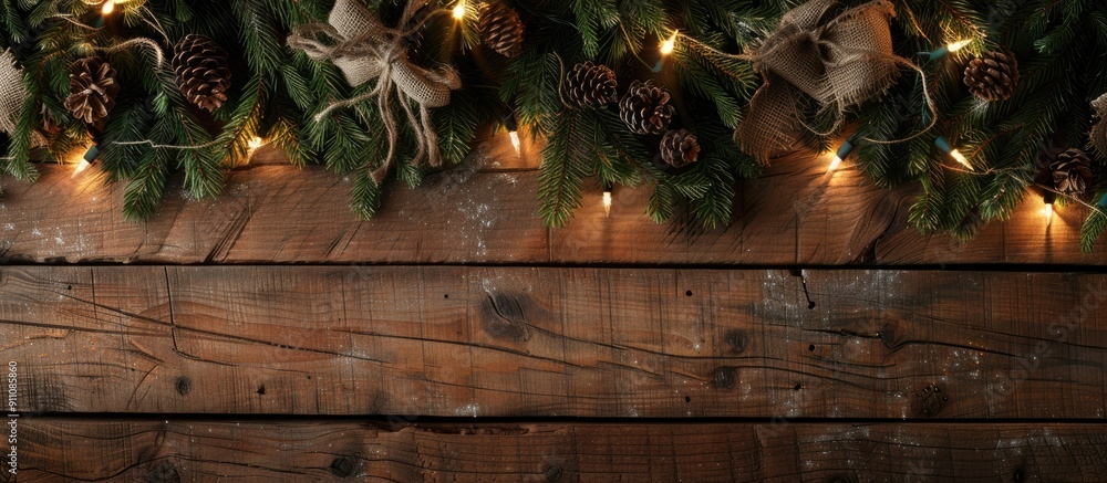 Poster christmas and new year decor with spruce branches a glowing garland and burlap on a wooden backdrop 