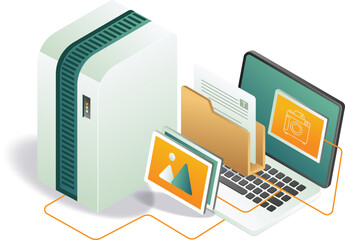 A laptop connected to a server with folder data