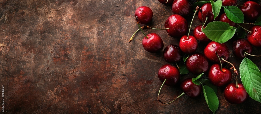 Poster fresh ripe cherries with leaves on a textured wooden background creating a copy space image showcasi