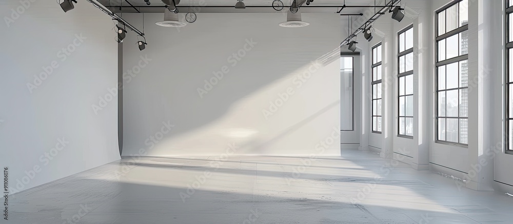 Poster studio setup with grey background professional lights and copy space image available