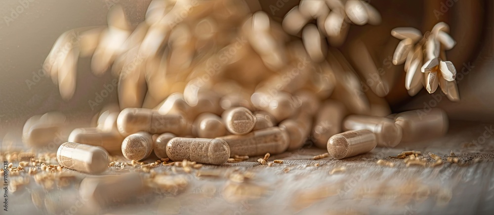 Poster close up of ashwagandha tablets against a soft focus paper background with ample copy space image