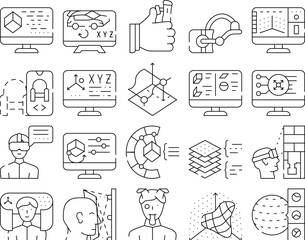 Vr Designer Occupation Collection Icons Set Vector. Programming And Design In Car Building, 3d Glasses And Modeling, Vr Designer Work Black Contour Illustrations
