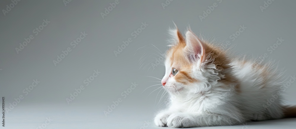 Aufkleber a cute red white kitten is resting on the gray background in this copy space image