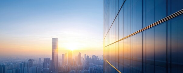 Obraz premium Cityscape with modern skyscraper reflecting golden sunset.