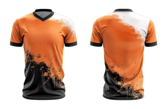 sports jersey uniform template with abstract pattern white orange and black, ai generated