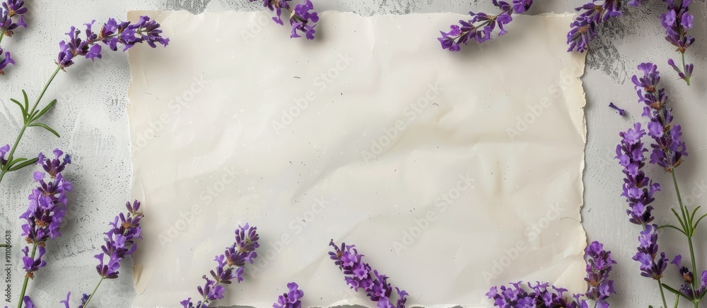 Poster top view of lavender flowers on white concrete surface with an empty paper providing copy space imag