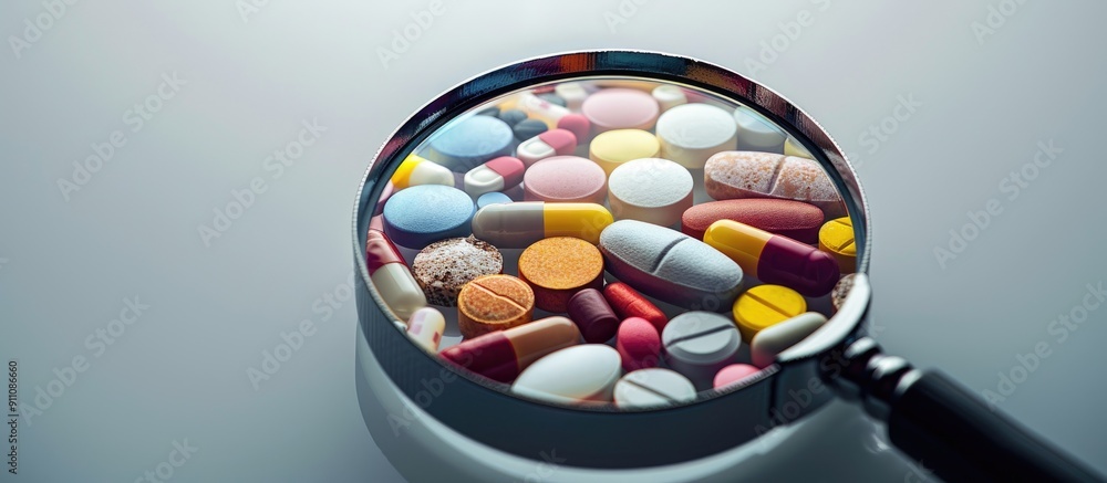 Poster magnifying glass displaying various pills with copy space image on a gray backdrop