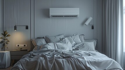 Modern Bedroom Interior with Comfortable Bedding and Air Conditioning