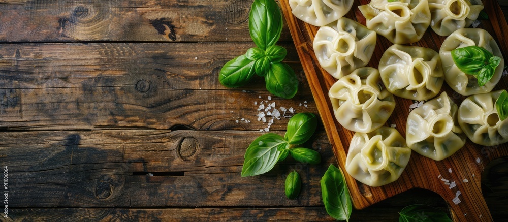 Poster wooden board featuring uncooked dumplings and fresh basil with a copy space image