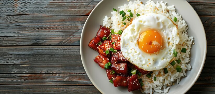 Top view of a plate with rice fried egg and char siu creating a beautiful composition with copy space image