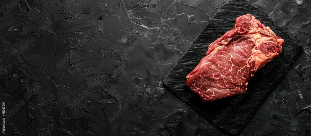 Canvas Prints Raw dry aged marble beef steak displayed on a black background in a top view composition with copy space image available