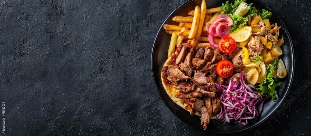 Poster top down view of a delectable doner kebab or shawarma served with meat salad fries on a black backdr