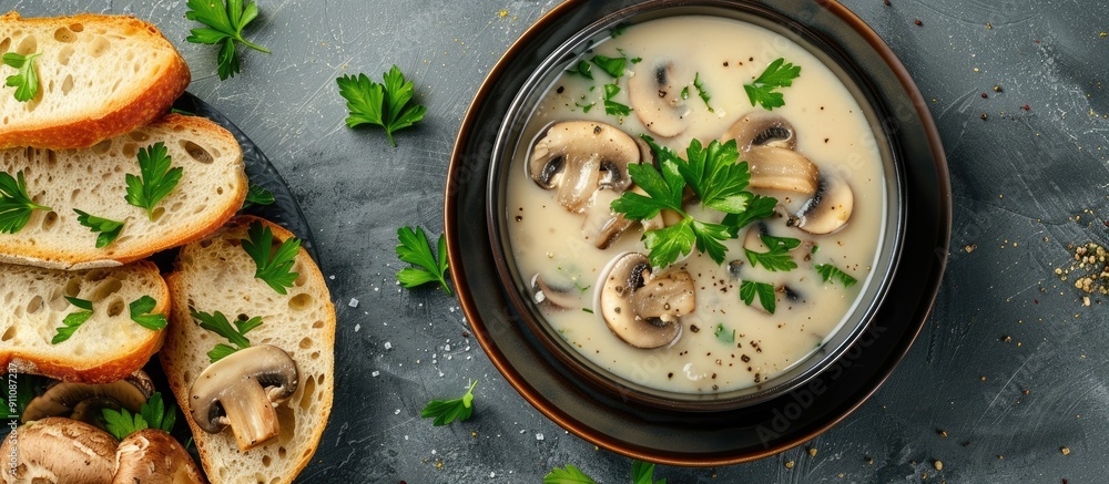 Poster creamy mushroom soup with parsley garnish and bread slices displayed in a copy space image
