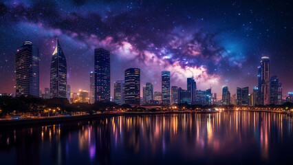 Fototapeta premium Skyscrapers and Stars: A Nighttime Symphony