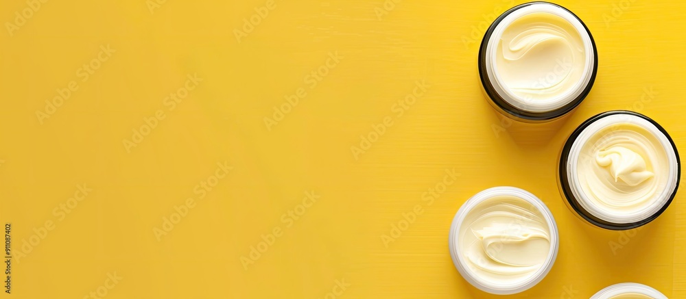 Poster top view of face cream samples on a yellow background with copy space image available