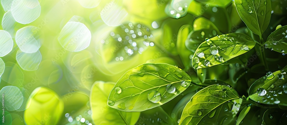Poster an abstract image of green leaves with dew offers a refreshing background with the theme of nature a