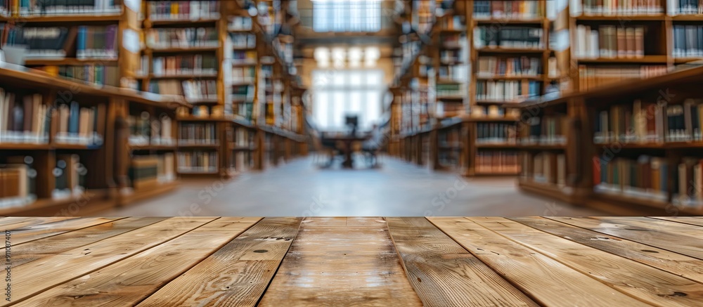 Poster wooden table surface with a blurred university library backdrop offering a clear area to display pro