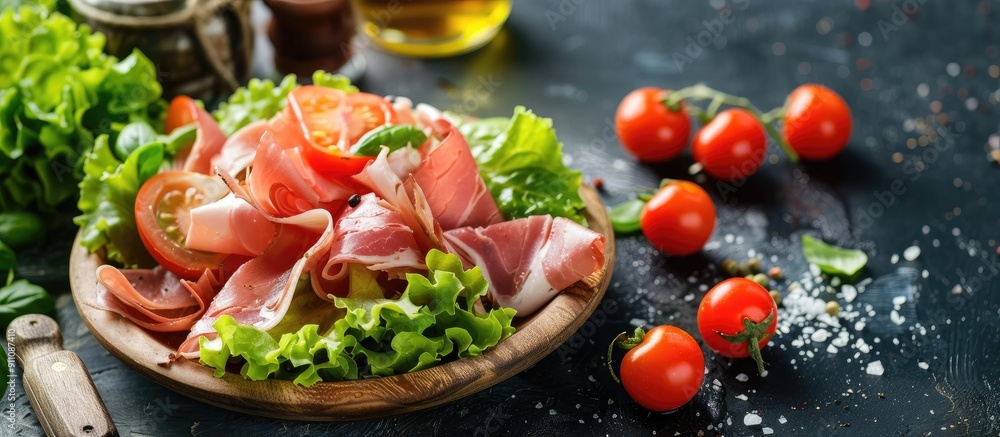 Poster jamon salad with lettuce tomato dressing on the table in a rustic food background suitable for keto 