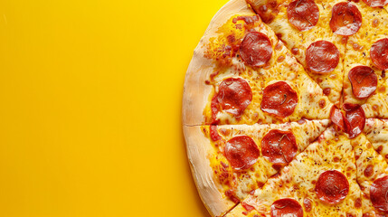 Close-up of freshly baked pepperoni pizza on vibrant yellow background. Italian cuisine concept with traditional pizza toppings and melted cheese