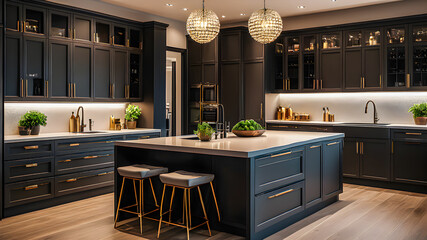 Beautiful marble kitchen in luxury home with white cabinetry, wooden design in minimalist style. Elegant luxurious penthouse kitchen island united with dining room, gold decorations, . AI generated