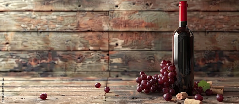 Poster red wine bottle with corks and grapes on a wooden backdrop with copy space image