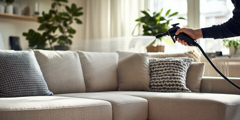 Worker's hand sprays the sofa with a high-pressure sprayer. Specialized service removing chemicals, textile sofa effectively cleaning, eliminating dust mites.