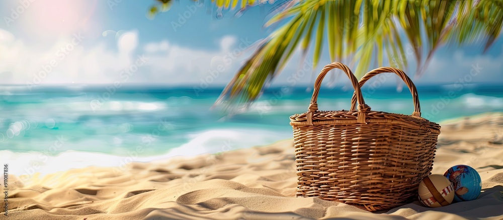 Poster sunny tropical sandy beach with an empty picnic basket ideal as a background for summer concepts fea