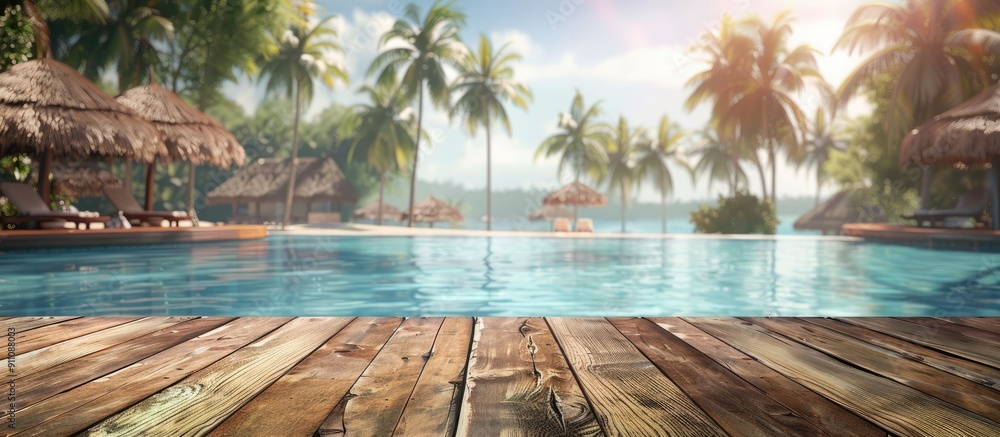 Poster wooden table surface available for showcasing products in front of a tropical resort backdrop provid