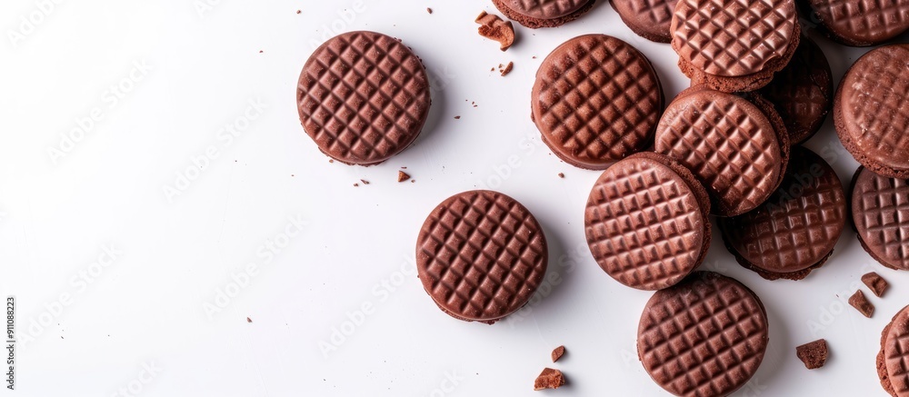 Poster delicious chocolate wafer biscuits arranged on a white backdrop with space for text or images. copy 