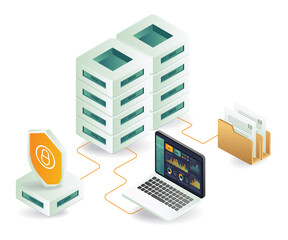 A laptop, folder, and Server data analytics security
