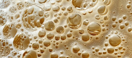 Close up of foamy beer bubbles in intricate texture creating a golden beer foam background ideal for adding text with copy space image