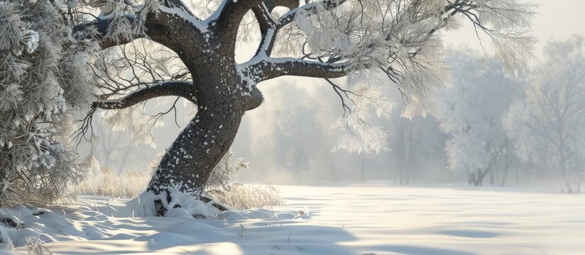 Snow covered ground beneath a lenga tree providing a serene copy space image