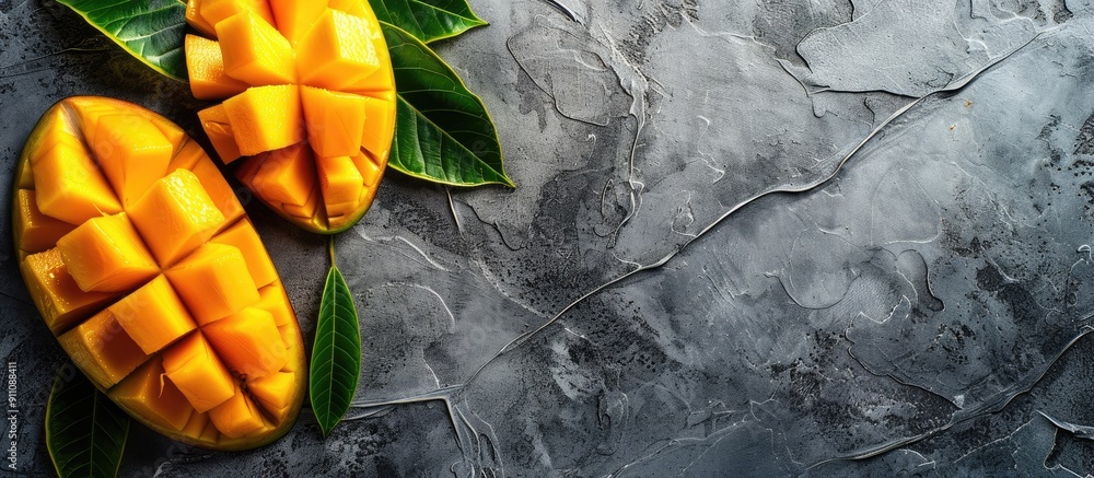 Poster ripe mango slices arranged on a gray table with a leaf for decoration creating a captivating copy sp