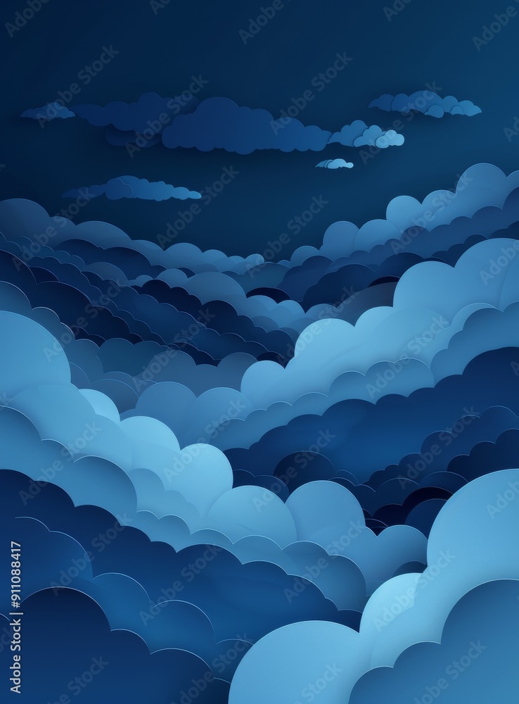 Poster scenic dark blue background with layered three-dimensional clouds creating a dreamy atmosphere