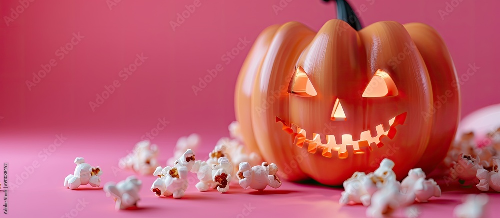 Poster a halloween themed display featuring a pumpkin popcorn and a pink backdrop with room for additional 