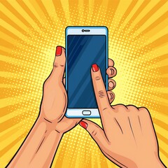 Smart phone gadget in hands comic book pop art retro style vector illustration