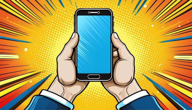 Smart phone gadget in hands comic book pop art retro style vector illustration