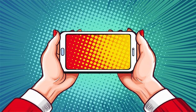 Smart phone gadget in hands comic book pop art retro style vector illustration