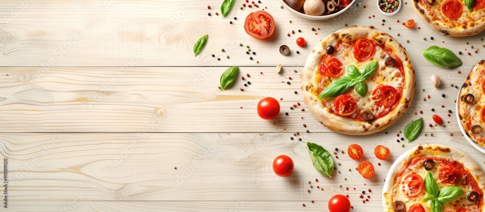 Poster flat lay of delicious pizza toasts and fresh ingredients on a light wooden table with room for text 