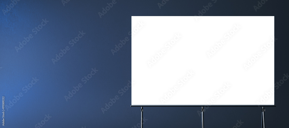 Wall mural Blank white mock up stand for placing images and texts. Dark blue background. 3D Rendering.