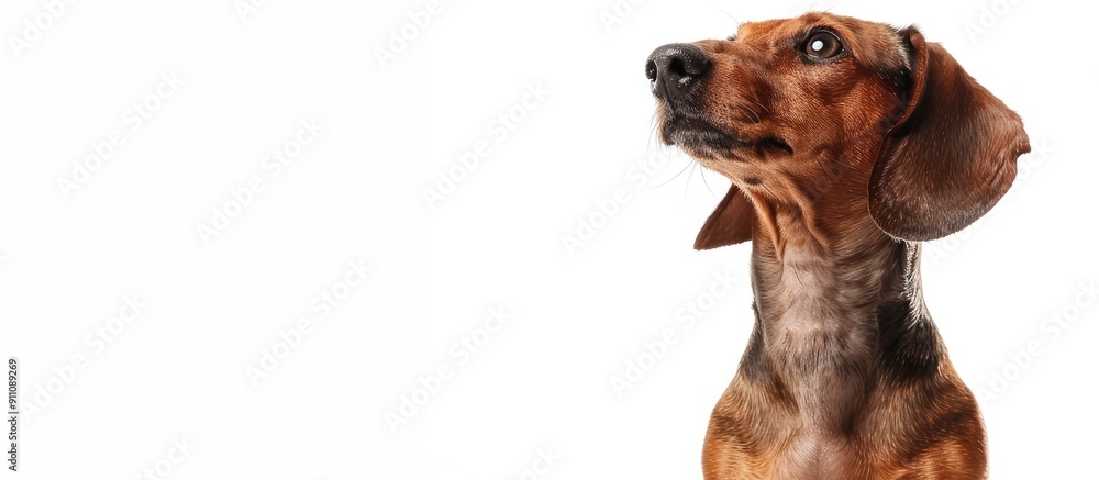Poster portrait of a dachshund dog standing and begging isolated on a white studio background with space fo
