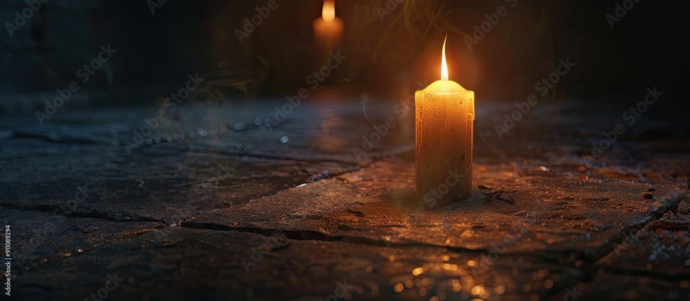 Poster a single glowing church candle against a dark backdrop with room for a caption near the bottom of th