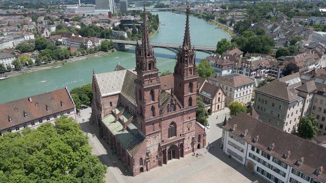 4K Drone Video of Historic Church Entrance and Plaza in Basel, Switzerland along Rhine River (Truck Right)