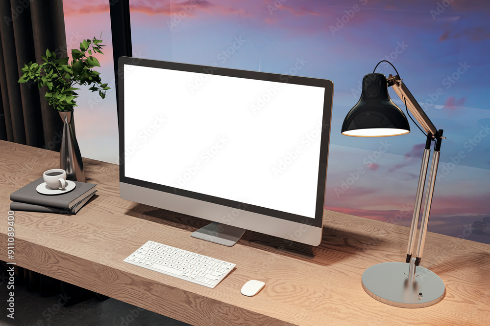 Aufkleber modern designer office interior with empty white mock up computer screen. panoramic window with nigh