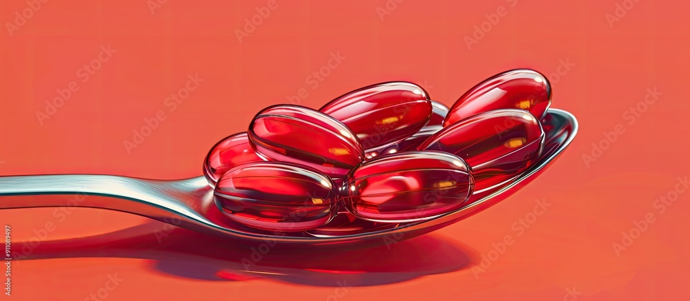 Aufkleber red soft gel vitamin supplement capsules arranged on a spoon against a colorful backdrop creating an