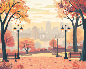 Autumn park landscape. Yellow trees with cute benches and lights with a city far away. Seasonal illustration